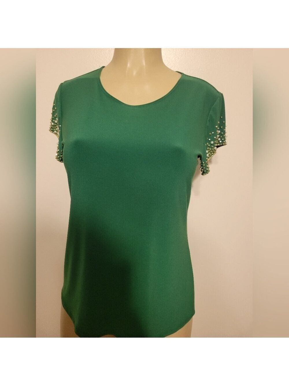 Nichole Miller Green Beaded Sleeve Women's Top Demure Business Classy Small